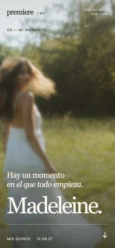 Vista ilustrativa de Premiere: nombre, fotografía, tipografía y fecha de la invitación